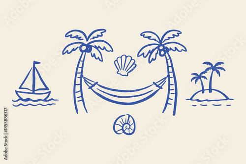 Hammock between palm trees beach doodle line art vector illustration