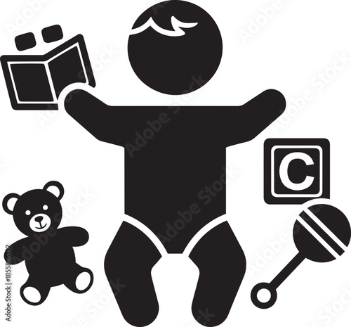 A black silhouette of a baby holding an open book with outstretched arms surrounded by baby toys including a teddy bear a rattle and a building