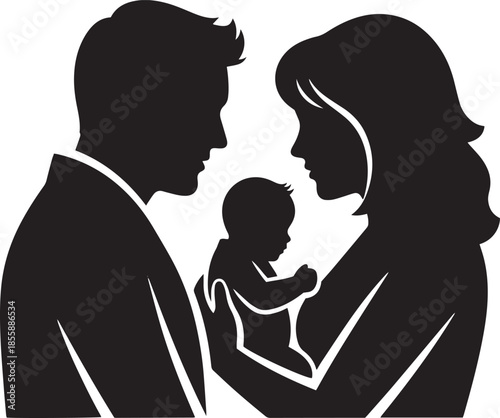 A black silhouette of a man and woman holding their baby, showcasing parental love and the start of a family on a white background Keywords