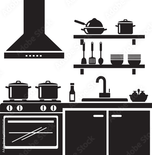 A black silhouette of a kitchen interior with a prominent range hood, a stove with pots, a sink area, and shelves holding cookware, utensils, and a