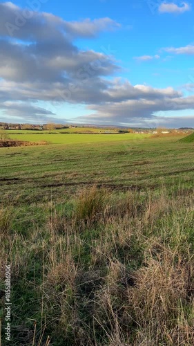 Vertical video. Winter landscape of English countryside in Greater Manchester pan, panning shot.