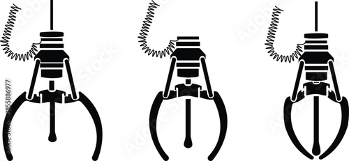Set of crane claw machine icons, collection of arcade grabber toy symbols, group of flat vector illustrations, add claw, gripper, catcher, pickup device, black