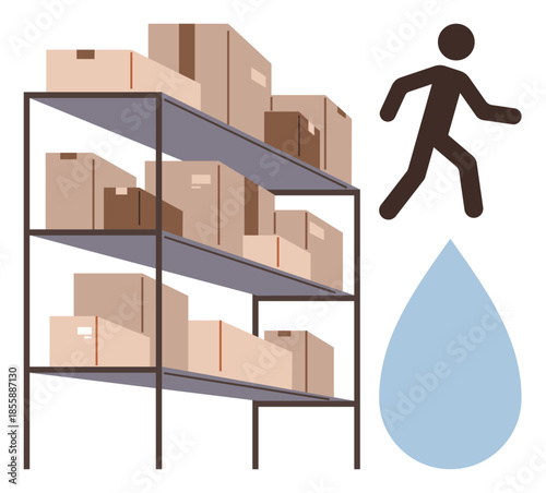 Storage shelves stacked with boxes, water drop, and walking figure. Ideal for warehouse logistics, safety, storage, inventory, packaging risk management disaster planning. Simple flat metaphor