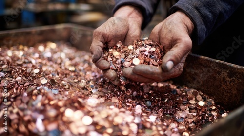 Closeup of hands rapidly sorting and weighing copper scrap for a quick value assessment in a busy recycling workshop.