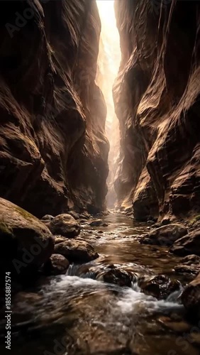 Deep narrow canyon passage with soft natural light and a small stream over rocks, emphasizing scale, texture, and quiet exploration in a cinematic wilderness scene, generative AI