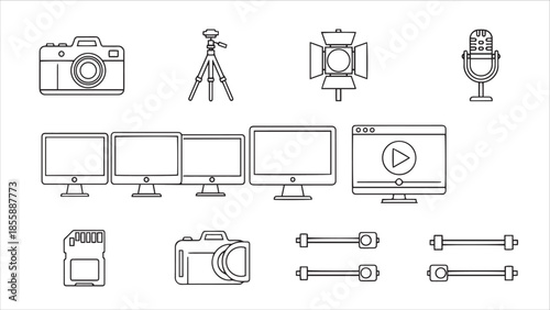 Collection of digital media production including cameras, monitors, microphones, and storage devices