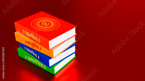 Tableau sur toile Stack of sacred Vedic scriptures symbolizing ancient Indian spiritual wisdom