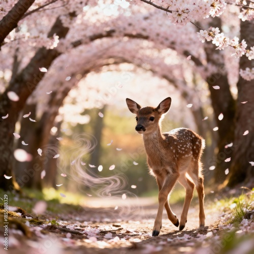 벚꽃길을걷는새끼사슴의봄풍경