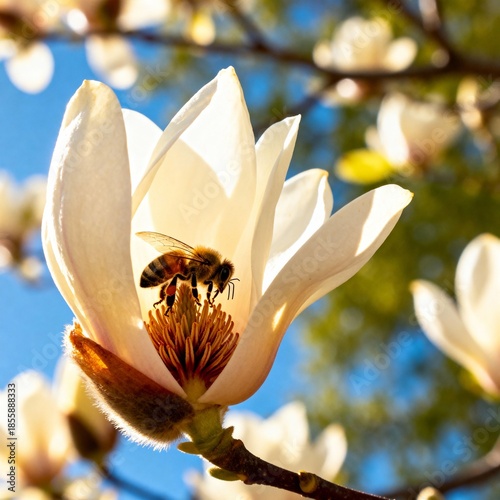 목련꽃에서꿀을모으는꿀벌의봄풍경