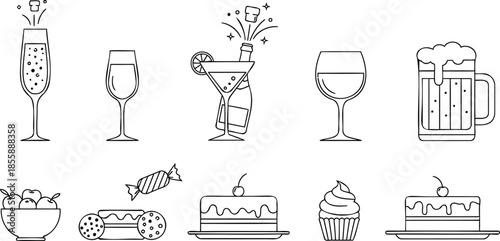 Outline Icons of Drinks and Desserts for Celebrations champagne glass wine glass