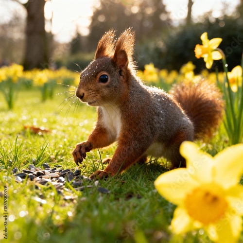 봄공원에서씨앗찾는귀여운다람쥐와수선화