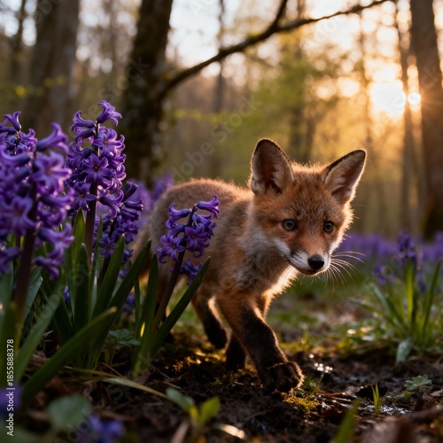 봄숲속히아신스꽃밭을탐험하는호기심가득한아기여우