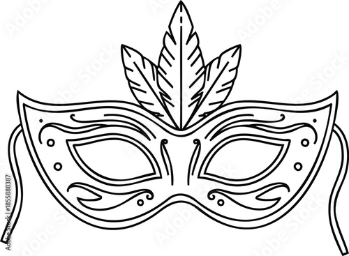 Outline of a Decorative Masquerade Mask with Feathers carnival party