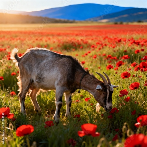 빨간양귀비꽃밭에서풀뜯는양의평화로운봄풍경