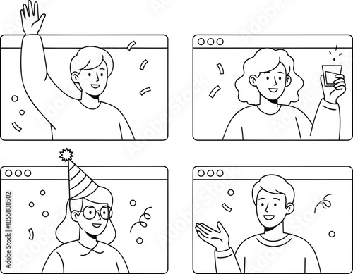 Outline of Four People Celebrating Remotely on Video Calls with Confetti online celebration