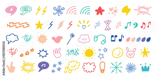 Expression icons. Comic emotion elements, hand drawn expressive symbols. Star, heart and sparks, speech bubbles, exclamation doodles for communication accent. Vector set
