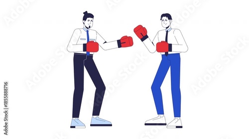 Office fight 2D animation. Corporate rivalry. Toxic competition. Leadership conflict. Rivals colleagues in boxing gloves animated characters cartoon flat concept metaphor 4K video isolated on white