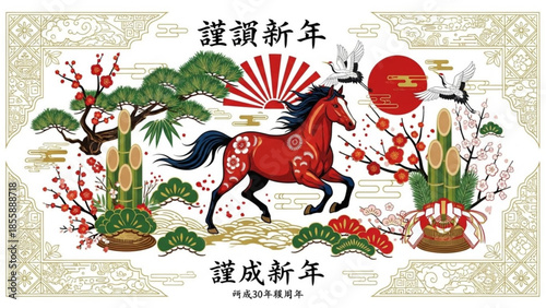 Vibrant red horse runs through asian inspired garden with blooming flowers and trees, symbolizing good fortune and prosperity