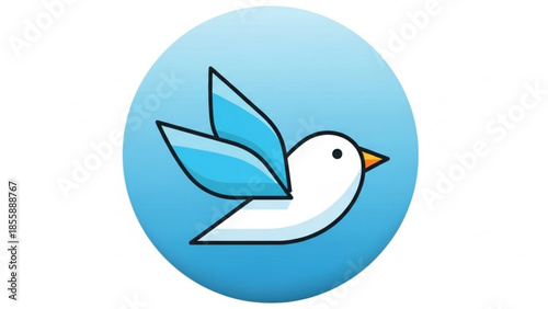 A white bird with blue wings and orange beak on a blue circle background