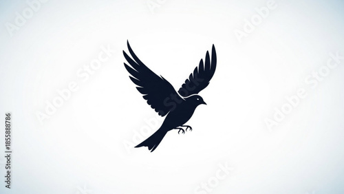 Black silhouette of a bird in mid flight with wings spread wide on white background