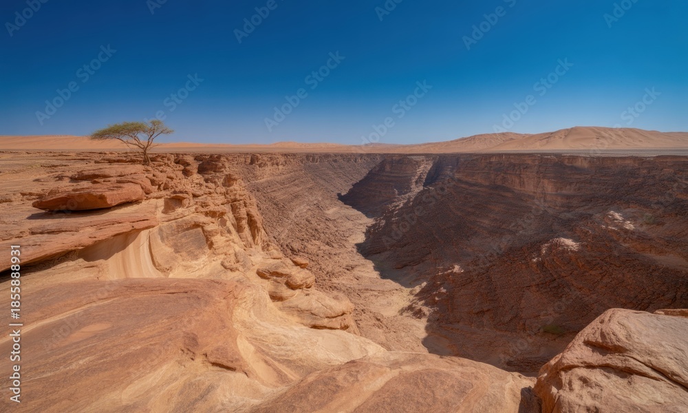 Fototapeta premium Desert canyon vista, lone tree atop a mesa