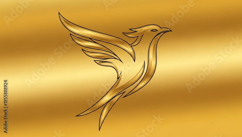 Golden bird in flight on shiny gold background with wings spread wide