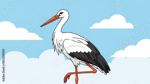 A white stork with black wings and orange beak stands on one leg against a blue sky with white clouds