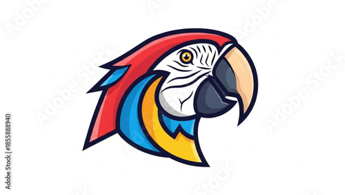 Vibrant colorful parrot head illustration with red, blue, and yellow feathers and large beak on white