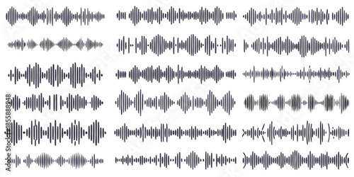 Podcast sound waves. Audio waveforms line icons, sound wave frequency or voice microphone signals. Music, podcast and broadcast, UI and audio branding design. Isolated vector set
