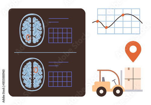 Brain imaging visuals combine with graphs, forklift, and location pin. Ideal for healthcare, neuroscience, data, logistics, research technology innovation and processes. Simple flat metaphor