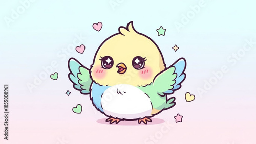 Cute cartoon chick with hearts and stars on pastel background