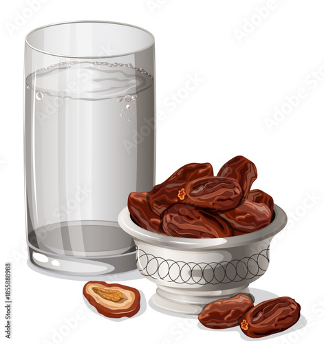 Dried Dates Fruit and a Glass of Water Isolated -Ramadan Iftar Concept Vector Illustration for Fasting and Islamic Religious Celebration.