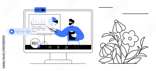 Business analysis, virtual training, remote education, online presentation, digital documentation, work from home. A man presenting charts on a screen. Business analysis and virtual training concept