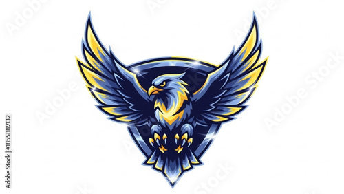 Vibrant blue and yellow eagle with outstretched wings on white background, dynamic illustration