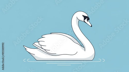 A white swan swimming in calm blue water with ripples around it, illustration