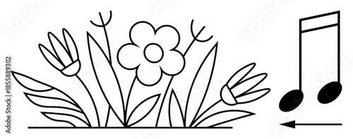 Music concept. Decorative line art a floral garden and music notes. Music blending creativity and nature. Music design for harmony, art projects, and creative media. design, creativity, nature