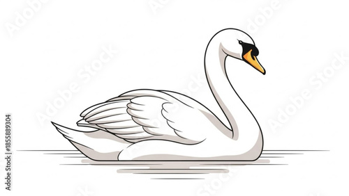 A white swan floats serenely on calm water with a subtle reflection