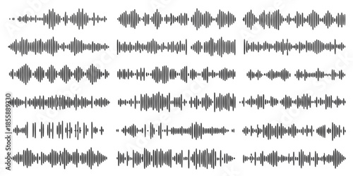 Podcast sound waves. Audio waveforms line icons, sound wave frequency or voice microphone signals. Music, podcast and broadcast, UI and audio branding design. Isolated vector set
