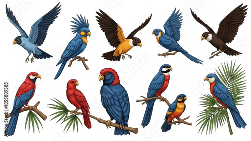 Vibrant illustration of various colorful parrots and palm leaves on white background, exotic birds