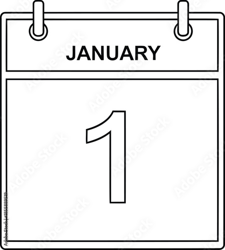 Black Outline of a Calendar Page Showing January and the Number 1 first day new year
