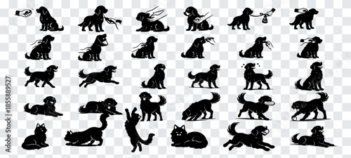 Vector illustration featuring a large set of black cat silhouettes designed as animal stickers, with clean shapes and bold solid fills, isolated for versatile use in prints, icons, decals, and stock.