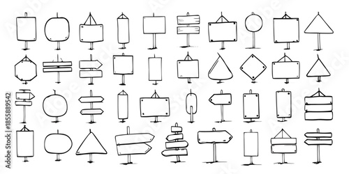 Wooden signboard. Doodle wood road sign. Hand draw arrow and plaque direction signage. Sketch plate and empty frame for outdoor advertising or decorative pointer. Antique banner isolated vector set
