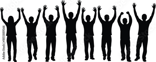 Black Silhouettes of Eight People with Arms Raised in Celebration group crowd