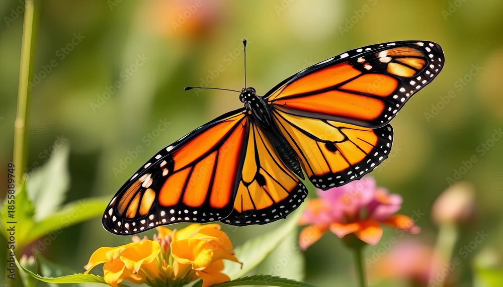 Obraz premium Vibrant monarch butterfly perched on a milkweed plant, ecology, environment