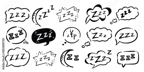 Sleep zzz icon. Snore bubble with cartoon cloud, line emoji for dreamy and relaxed vector set. Hand drawn bed and nap symbol for insomnia, bedtime app. Slumber, deep rest message
