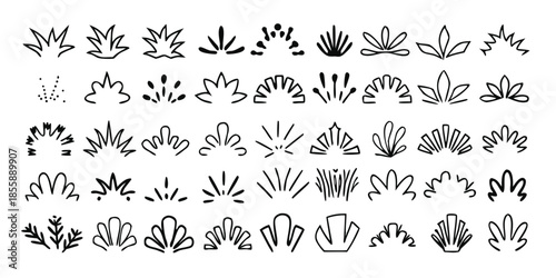 Grass and bush outline tree doodle for lawn vector cute landscape with hand drawn plant and minimal silhouette. Greenery line art for jungle, park and garden. Cartoon sketch and scribble vector set