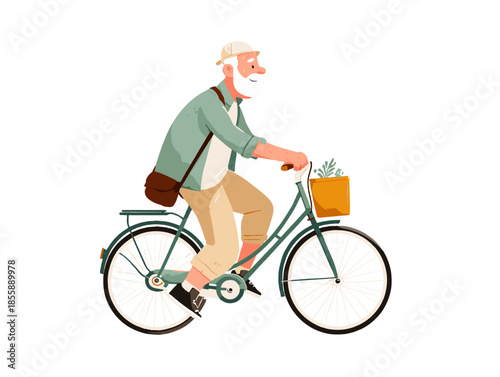 Senior man cycling, active senior fitness and healthy lifestyle illustration
