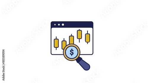Stock Market Analysis Icon with Candlestick Chart and Magnifying Glass for Financial Trading Data