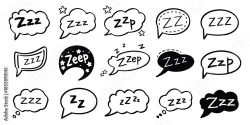 Sleep zzz icon. Snore bubble with cartoon cloud, line emoji for dreamy and relaxed vector set. Hand drawn bed and nap symbol for insomnia, bedtime app. Slumber, deep rest message