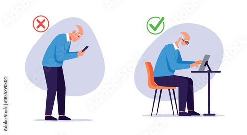 Comparison showing an elderly man's bad posture from phone use versus good posture while sitting at a table with a tablet.
